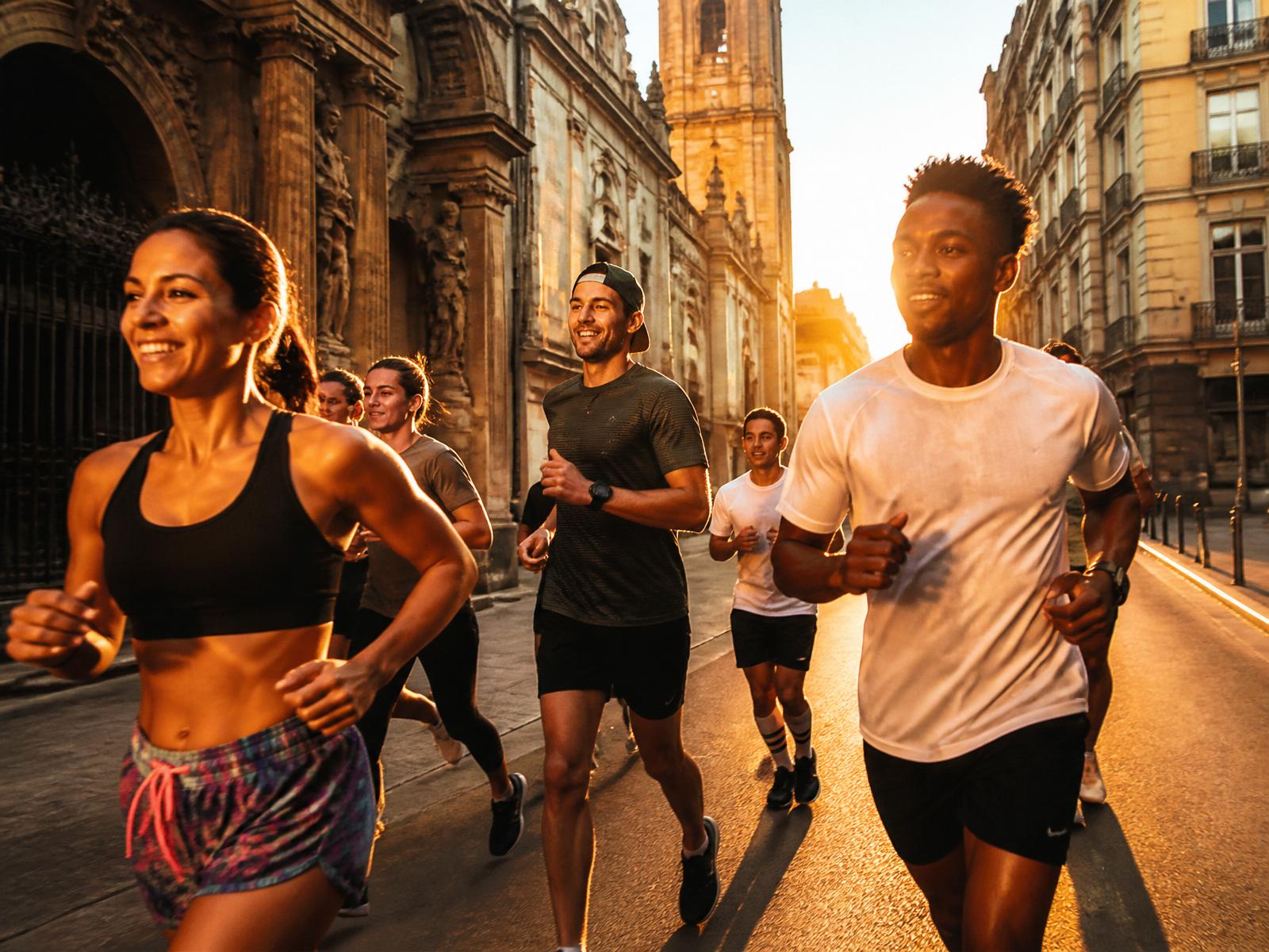Groupe de coureurs participant à un social run urbain